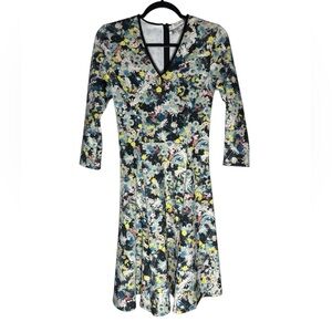 ERDEM Garden Blue Green Floral Fit Flare A-Line Dress Neoprene Exposed Zip US 4